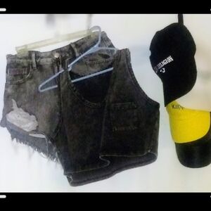 High-Waist Distressed Black Denim Shorts